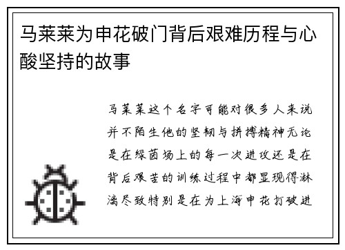 马莱莱为申花破门背后艰难历程与心酸坚持的故事 马莱莱为申花破门背后艰难历程与心酸坚持的故事
