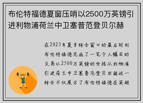布伦特福德夏窗压哨以2500万英镑引进利物浦荷兰中卫塞普范登贝尔赫 布伦特福德夏窗压哨以2500万英镑引进利物浦荷兰中卫塞普范登贝尔赫